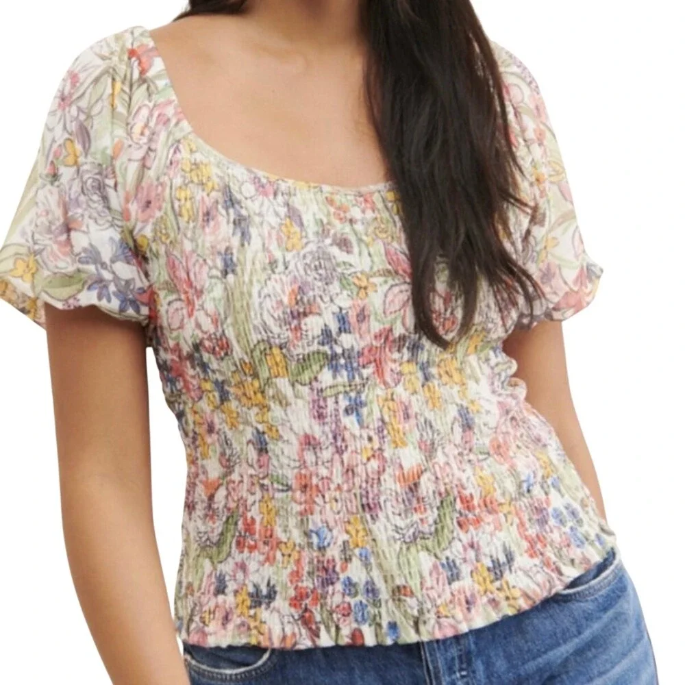 By Anthropologie Aurelia Floral Smocked Mesh Puff Sleeve Top Multi-Color Small